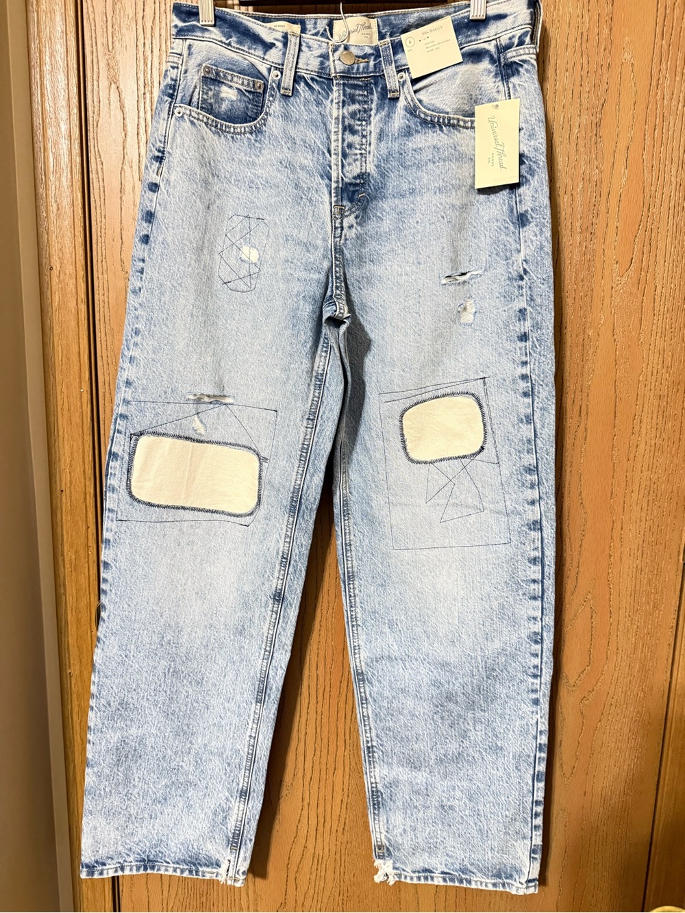 Light Wash Blue Women’s Straight-Leg Jeans with Patch Details